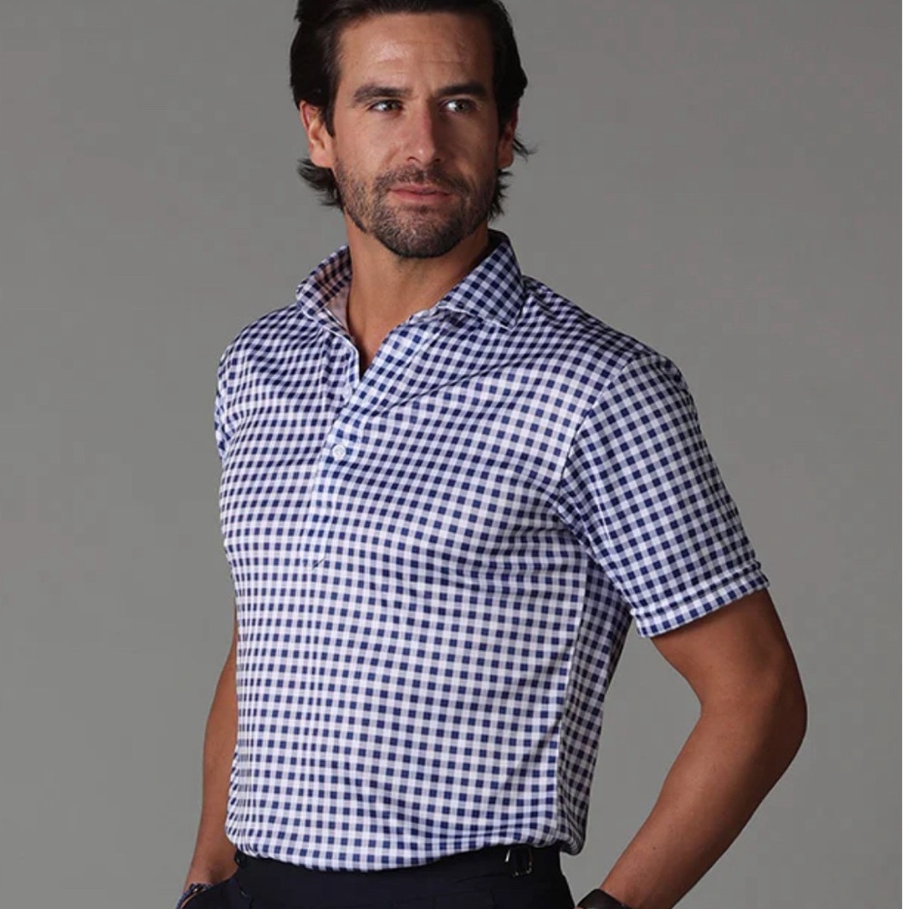 Collars & Co. Semi-Spread Collar Polo Navy Gingham Size 3XL Relaxed NEW With Tag
